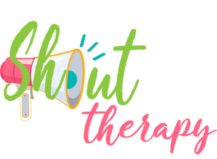 Shout Speech and Language Therapy. The logo has a megaphone indicating a shout and the power of speech and language development for toddlers and school-aged children. Sherley Jackson SLP located in Locust Grove will support children in their speech development